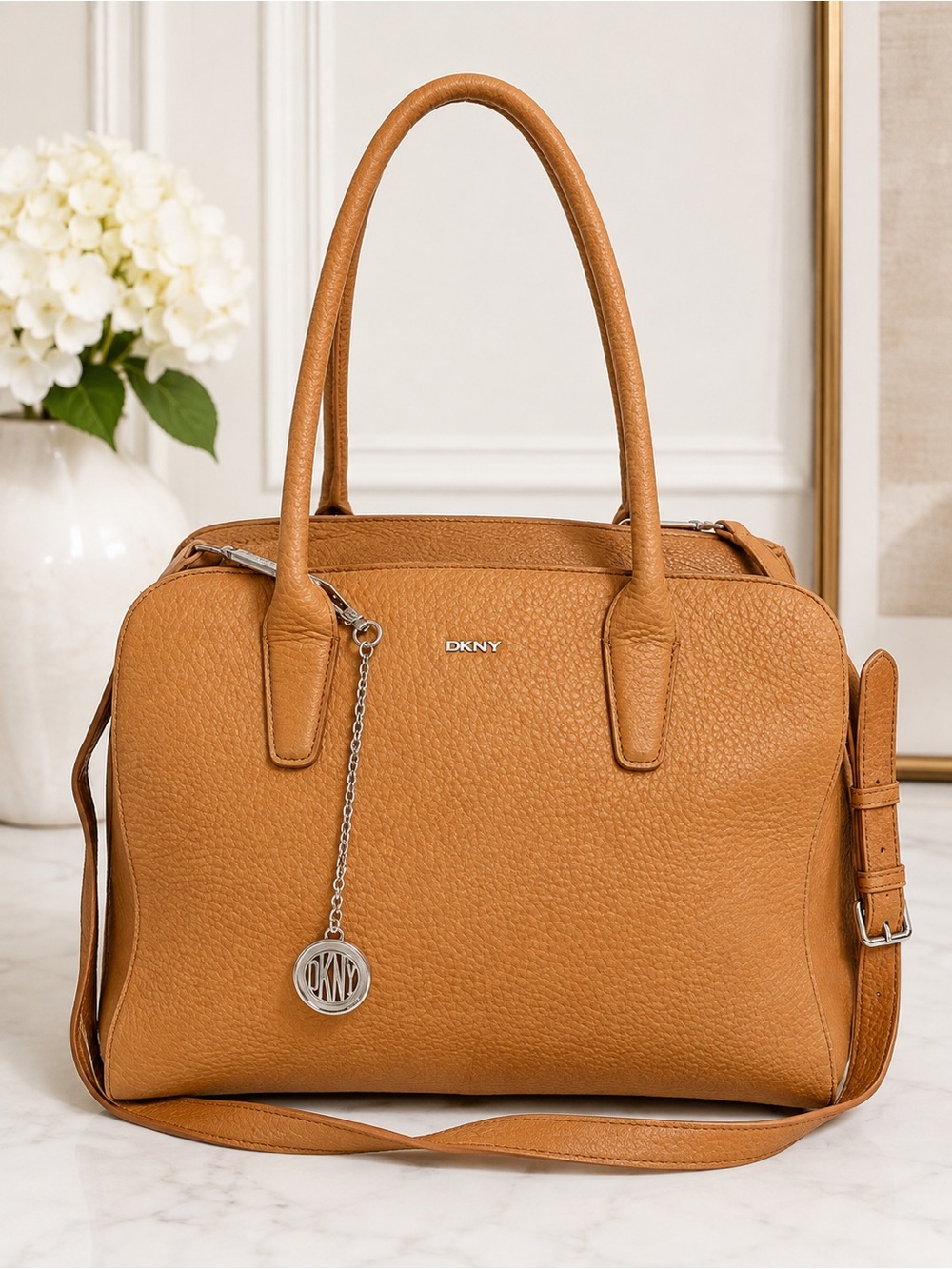 DKNY Tan Pebbled Leather Large Satchel Tote Shoulder Crossbody Bag